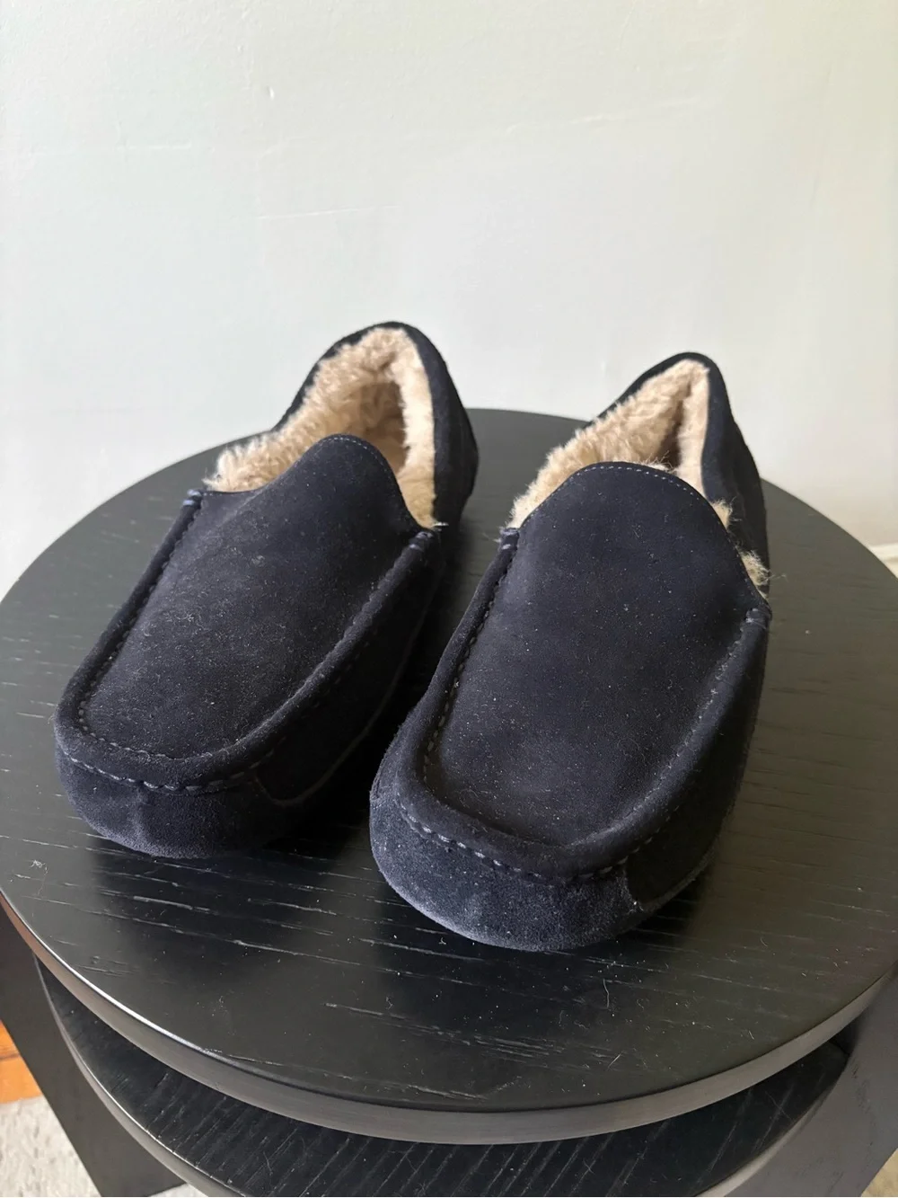 UGG Men's Navy Suede Fur-Lined Moccasin Slippers